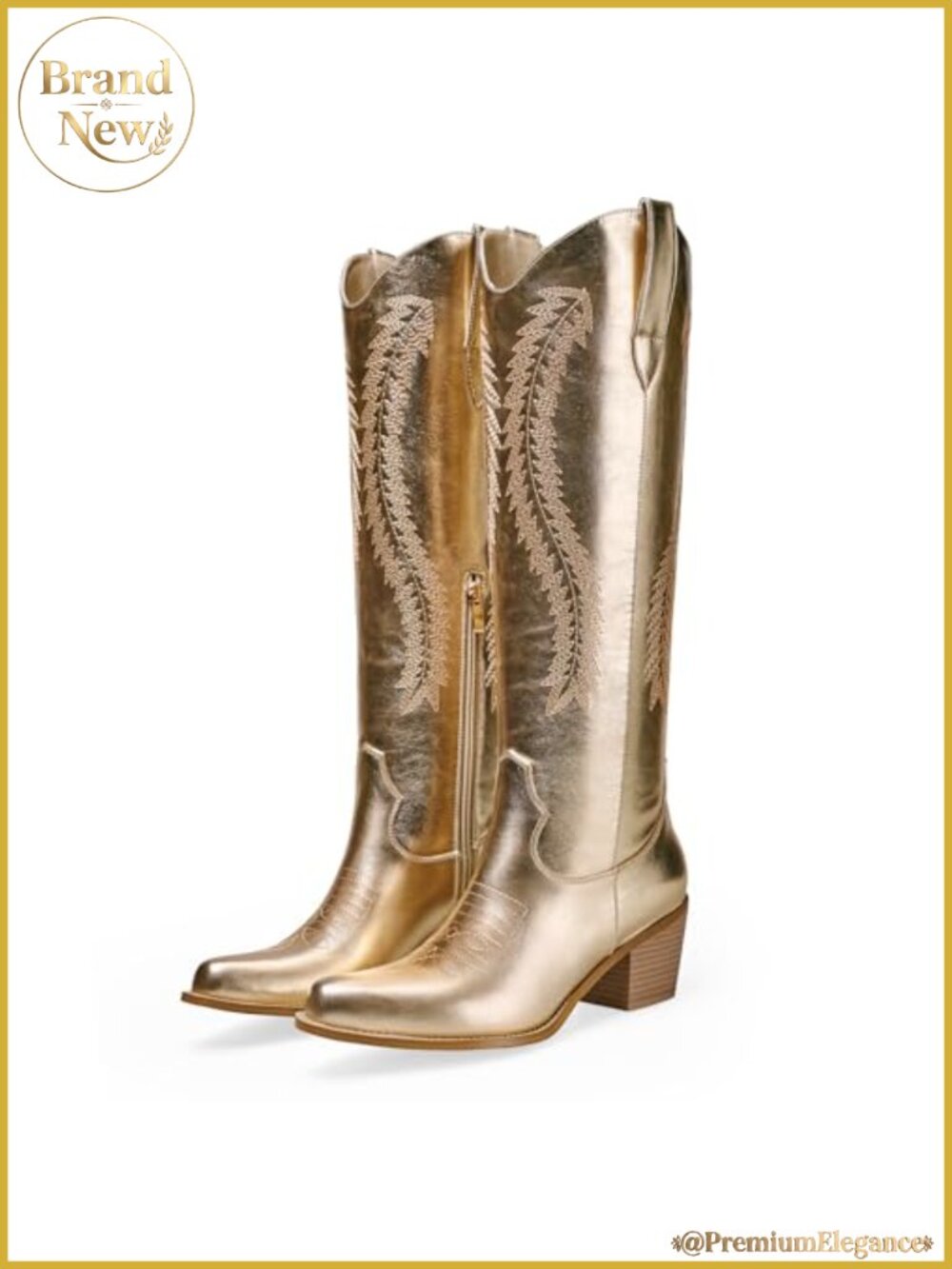 Metallic Cowgirl Knee High Boots Embroidered Western Pointed Toe